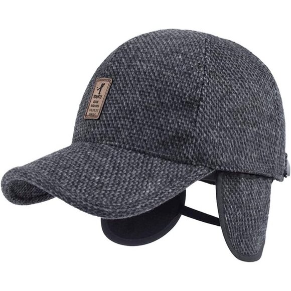 🆕 Men Black Baseball Cap Winter Warm Wool Tweed Peaked Fold Earmuff Jacket Hat - Picture 4 of 7